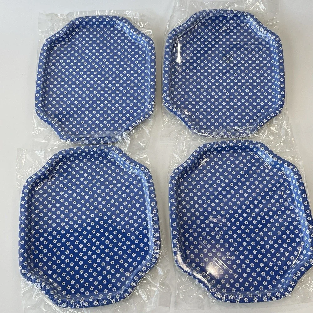 Action Industries, Inc. Designs Vintage Blue Flowers Tin Trinket Trays‎ Set 1986